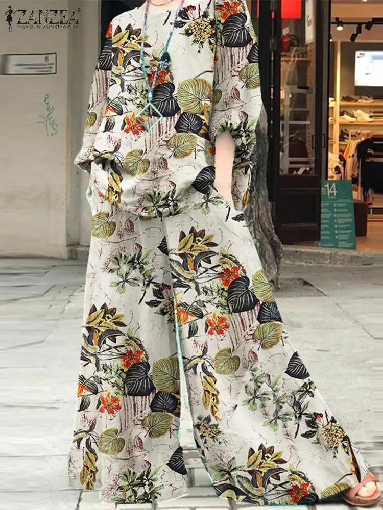 

Autumn Women Pants Sets Fashion 2PCS Bohemain Long Sleeve Blouse Wide Leg Trousers ZANZEA Casual Floral Matching Sets Oversize