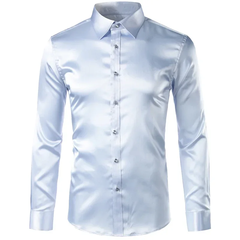 Luxury Shirt Men Silk Satin Smooth Mens Dress Shirts Casual Button Down Suit Shirts Party Ball Wedding Camisa Masculina M-XXXL