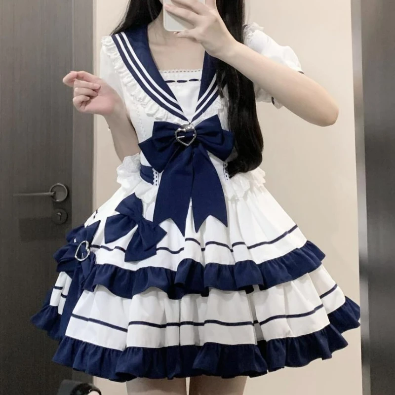 Japanese Kawaii Lolita Style Op Dress Women Sweet Bow Sailor Collar Short Sleeve Dresses Preppy Style Princess Party Mini Dress lolita dress,lolita suspender dress,lolita cosplay costumes