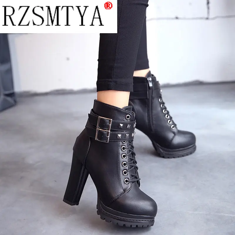 Women Autumn Ankle Boots Sexy Office High Heels Platform Boots Round Toe Leather Booties Black Pumps Ladies Party Shoes women pumps,platform boots,ankle boots,women high heeled boots