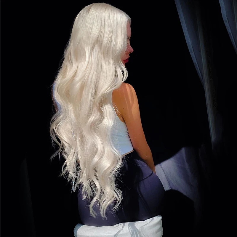 60# Platinum Blonde Wavy Lace Front Wig Long Natural Wave White Blonde Synthetic Lace Front Wig White Heat Resistant