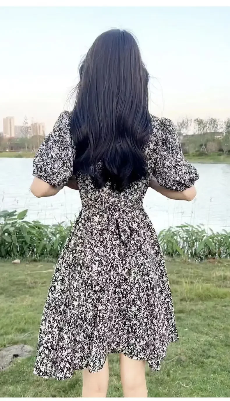 Silk Woman Dress Clothes Mini Floral Satin Flower Chiffon Black