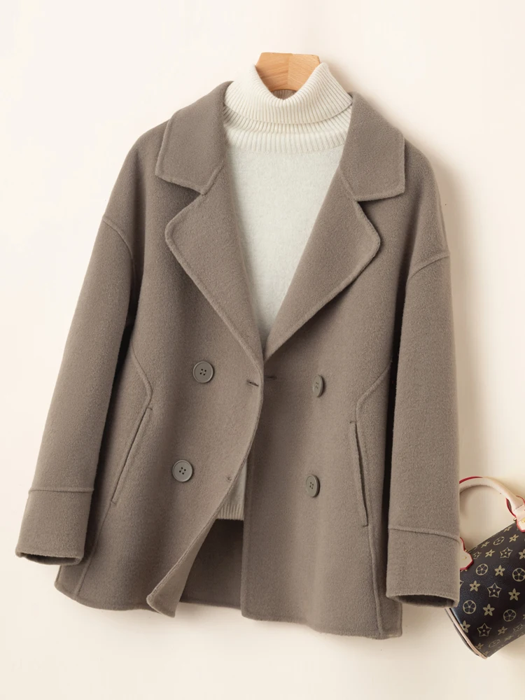 Autumn and Winter New 100% Pure Wool Double sided Coat Women's Medium Fit Suit Collar Fashion Trend Solid Color Coat Top