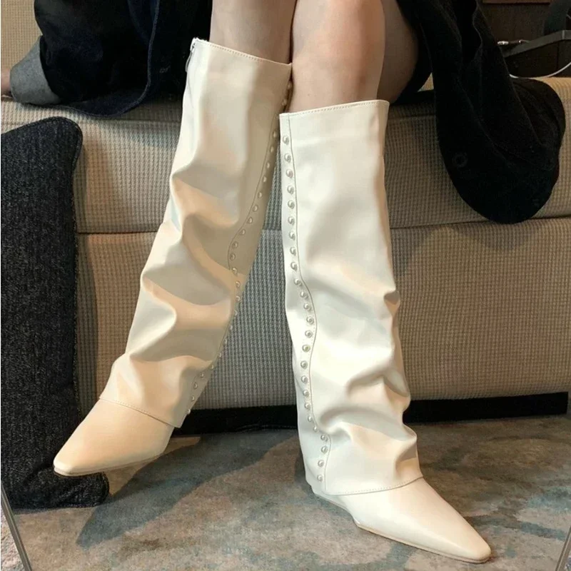 

Street Fashion Pointed Toe Womens Shoes 2023 Autumn Winter New Side Zipper Women's Boots Pearl Design Loose Casual High Boots