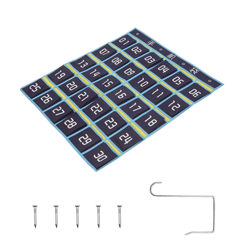 AU67-Numbered Pocket Chart Classroom Organizer For Cell Phones Calculator Holders (30 Pockets, Blue Pockets)