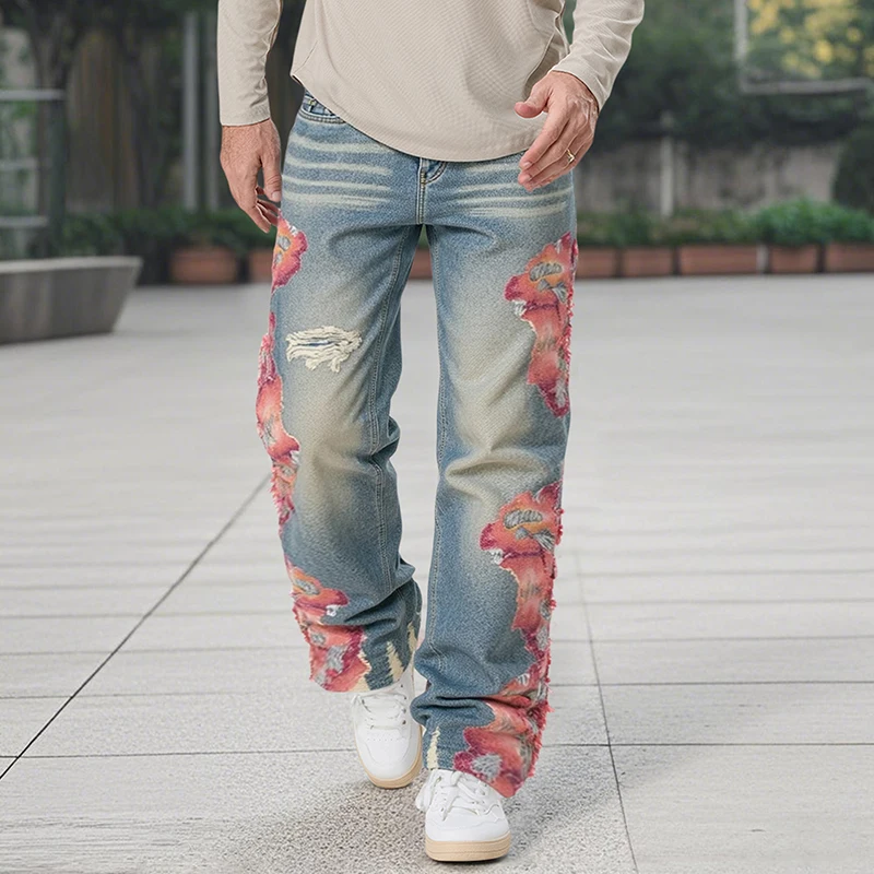 Men s Distressed Patchwork Denim Jeans with Pockets for Spring and Fall Fashion Casual Wear