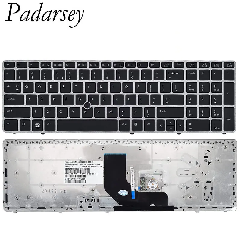 Padarsey Nuova Tastiera Per Laptop Per Hp Elitebook 8560P 8570P, Probook 6560B 6570B Serie Sliver Cornice Nera Con Puntatore Layout Usa