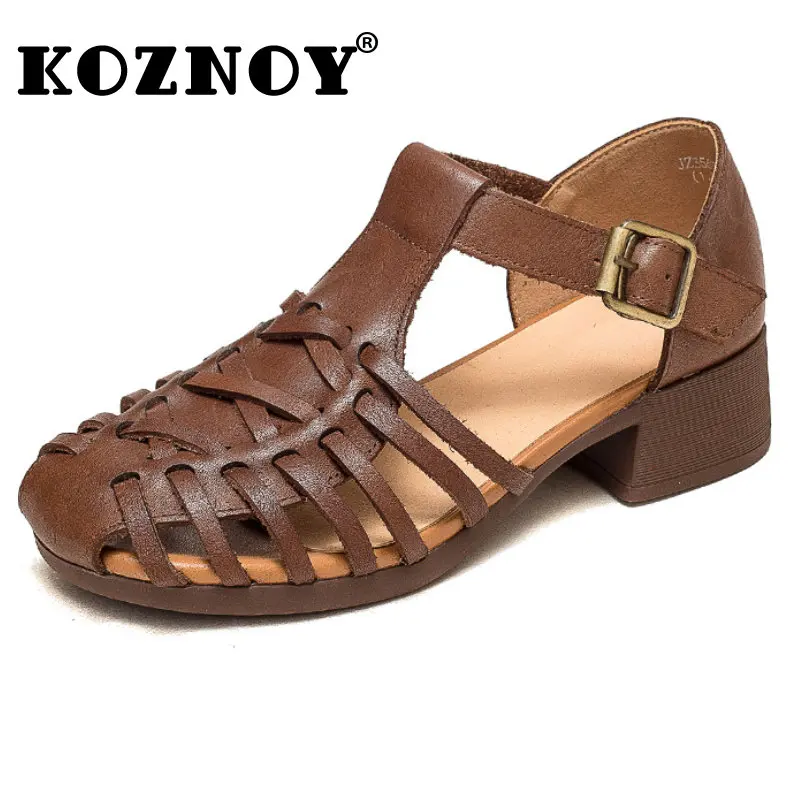 

Koznoy Sandal with Flats 4cm Hollow Cow Genuine Leather Women Summer Ethnic Buckle Moccains Fashion Chunky Heels Elegance Shoes