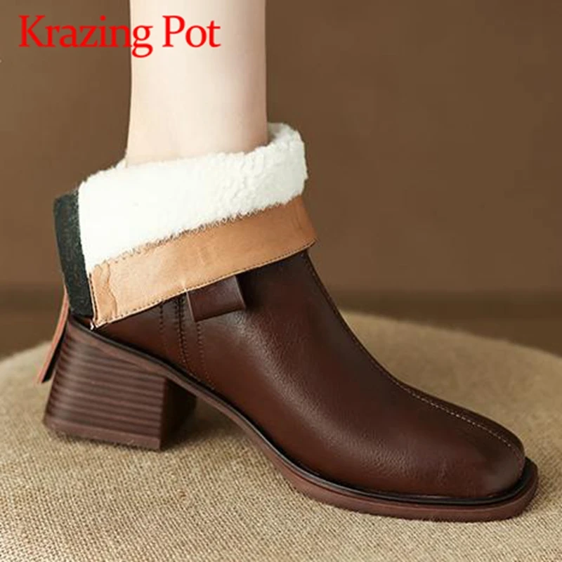

Krazing Pot Wool Cow Leather Square Toe Thick High Heels Cold Resistance Snow Boots Fur Grace Metal Decorations Zip Ankle Boots