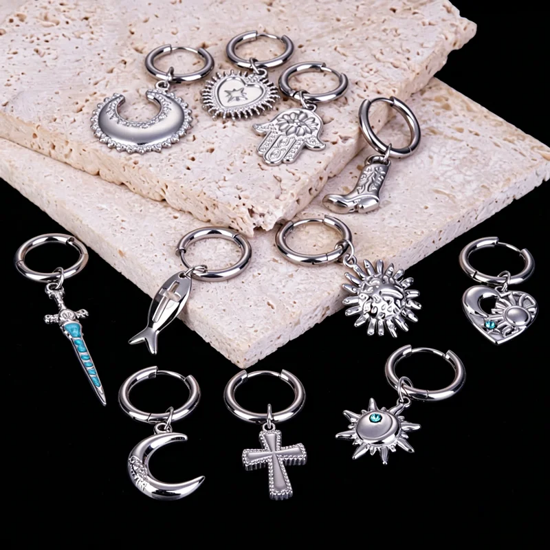 Persönliche Sonne-Mond-Stern-Strass-Kreuz-Anhänger-Ohrringe aus 304 Edelstahl für Damen und Herren, runde Creolen, Geschenke – Detail 2