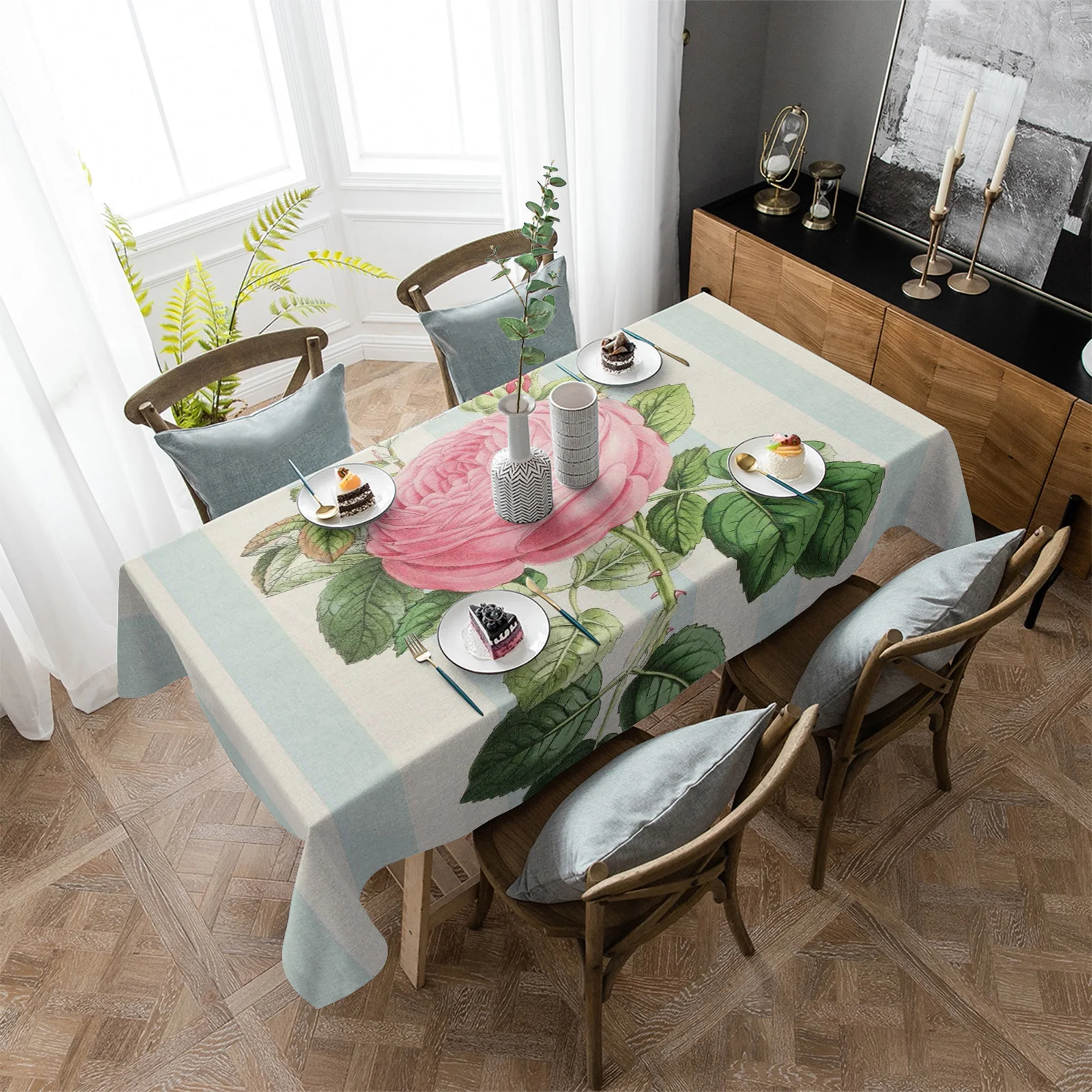 

Водостойкая скатерть в полоску, прямоугольная ткань для кухонного стола с изображением цветов и роз, предметы декора