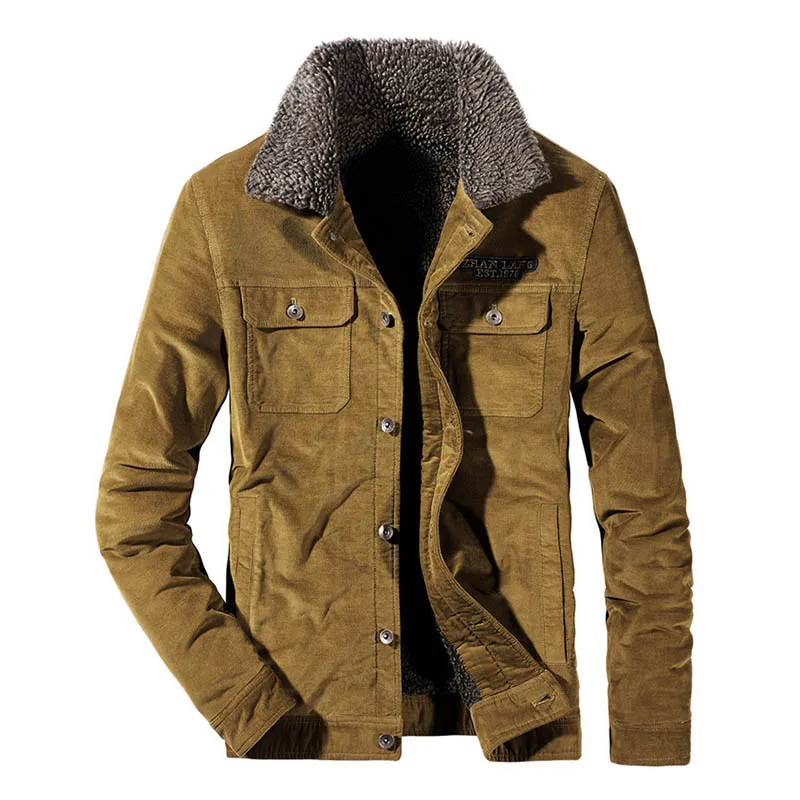 

2023 Men Winter Corduroy Jackets Outwear Fur Collar Fleece Lined Jackets Coats For Male Size M-4XL Thermal