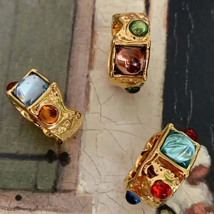 Chic Colorful Crystal Ring For Women Vintage Baroque Premium Gold Color Multicolor Stone Metal Irregular Ring Unique Gift gold color rings gold color ring finger ring