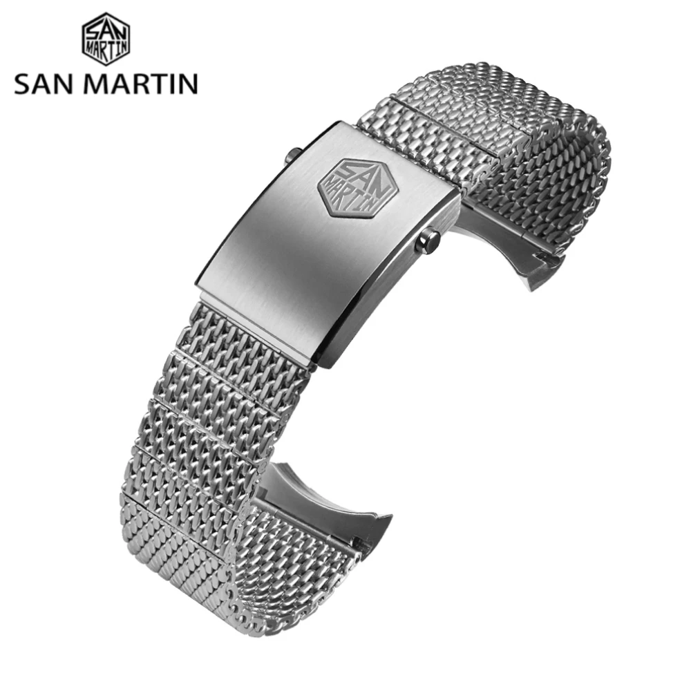 

San Martin Flexible Milanese Mesh Bracelet 20mm Brushed Silver Steel Watch Band Fly Adjust Foldover Clasp SN0054F Luxury Classic