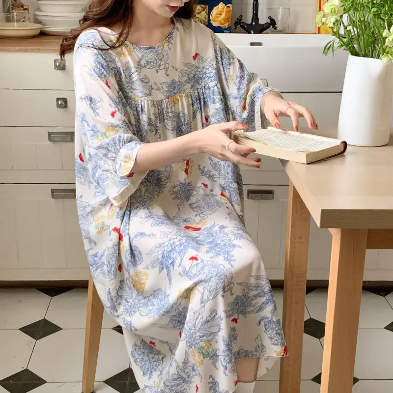 Anti-bumping Pure Cotton Sleepwear Women's Summer Silk Loungewear Floral Loose Comfortable Printed Nightdress women nightgowns women nightdresses sleeping dress