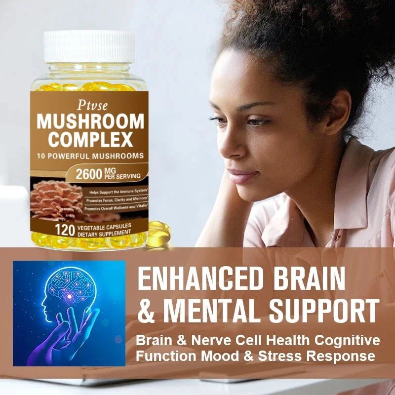 Ptvse Vegan Mushroom Complex Capsules with Lions Mane, Chaga, Reishi, Cordyceps For Men & Women Mood & Stress Dietary Supplement