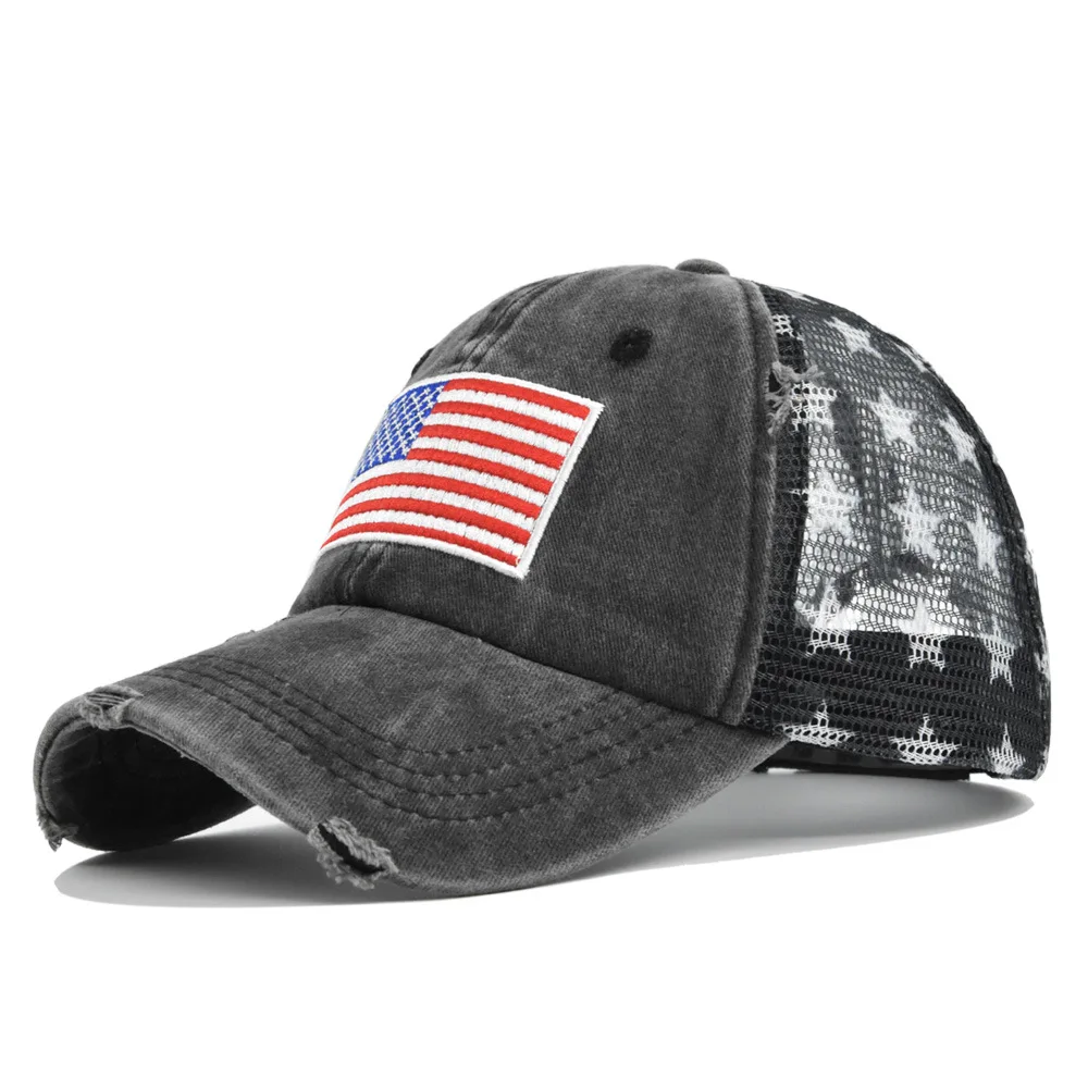 Star Print American Flag Embroidered Mesh Baseball Cap Washed Sun Protection Snapback For Women Men Sports Hiking Golf Dad Hat 4