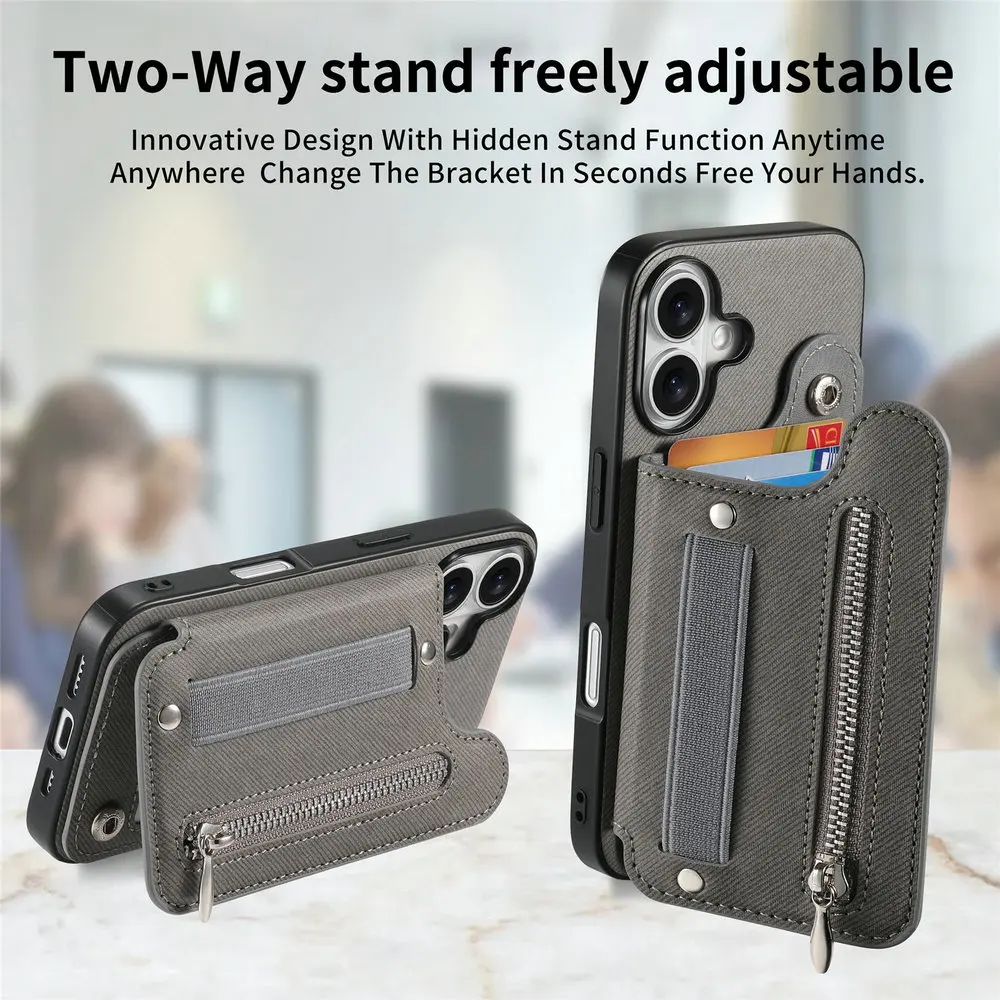 Luxury RFID Leather Flip Case with Zipper Card Holder and Elastic Strap