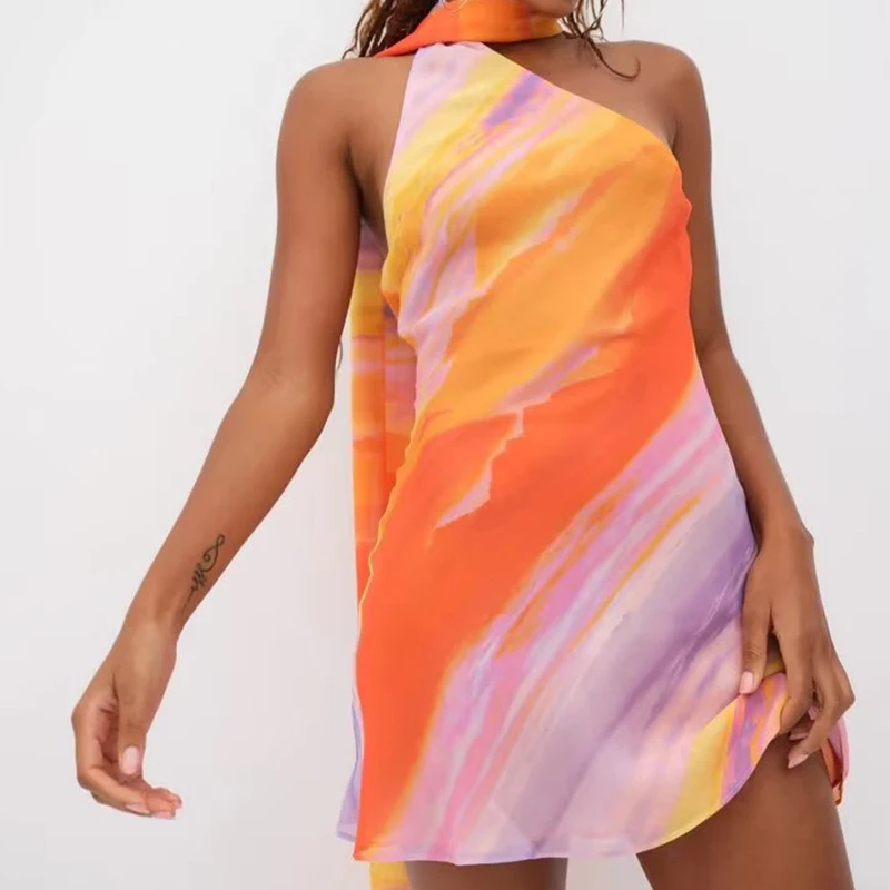 

Women Sexy Backless Gradient Halter Dress Summer Mini Robe