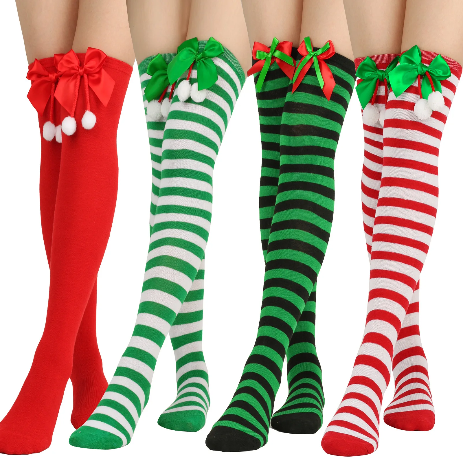 Bow Christmas Socks Ball Ball Socks Knee High Socks Women's Long Christmas Day Striped Stockings