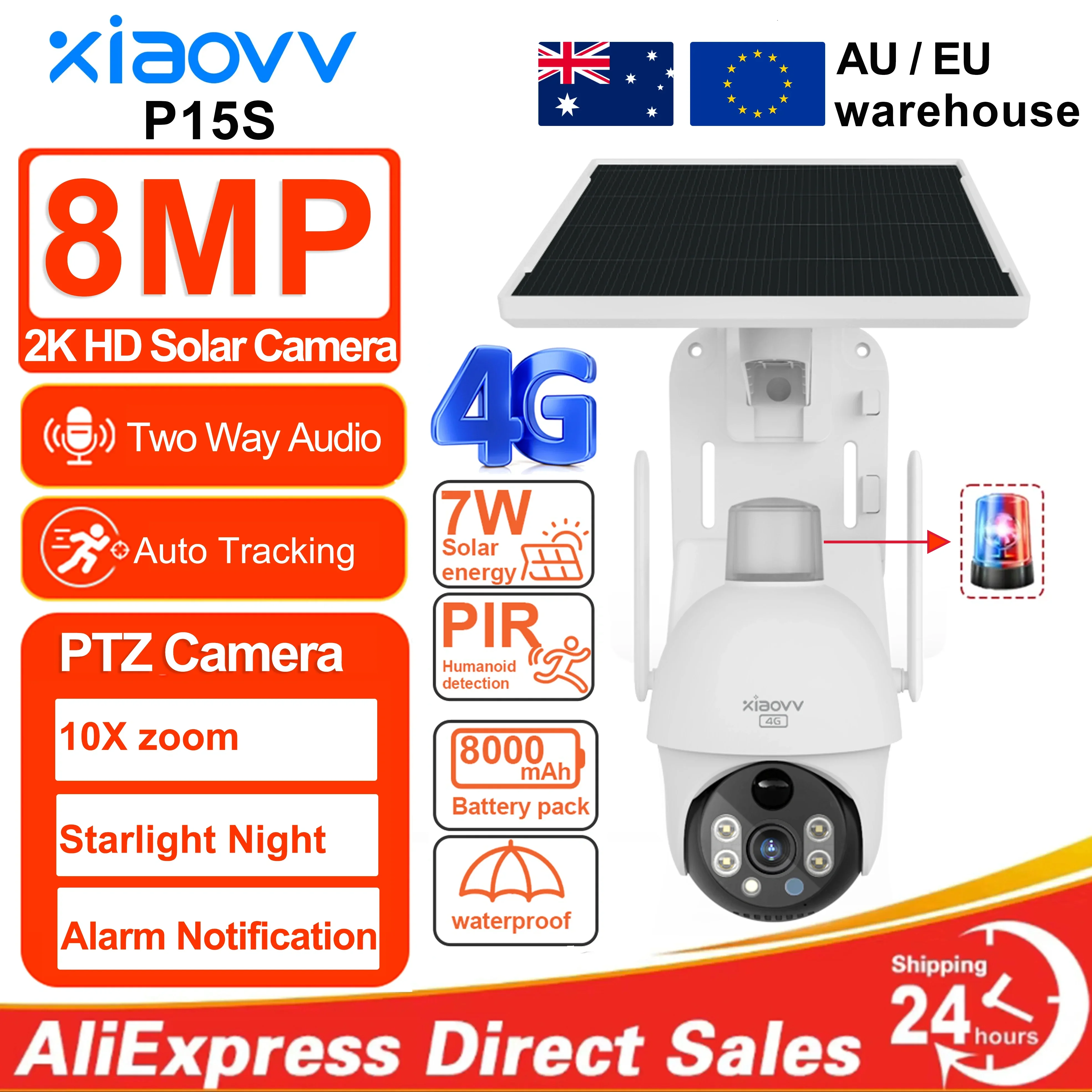 8MP 2K HD solar camera PTZ outdoor night vision security 4G SIM network camera with solar panel charging iCSee human detection 1