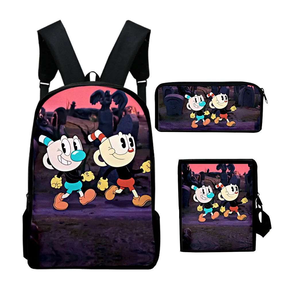 Popular The Cuphead Show Anime 3D Print 3pcs/Set pupil School Bags Laptop Daypack Backpack Inclined shoulder bag Pencil Case