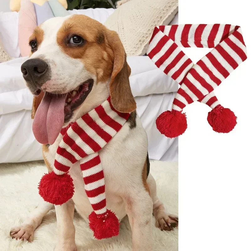 Christmas Knitted Pet Scarf Elk Pattern with Striped Pom Poms for Dogs Cats Festive Winter Pet Accessories for Holidays