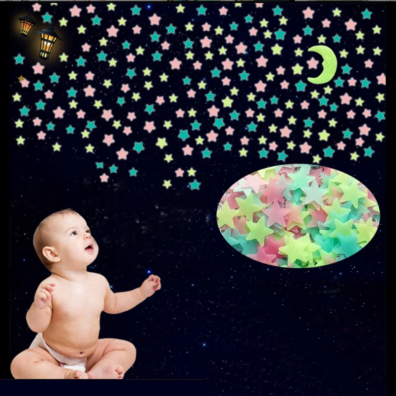 Luminous 3D Star Stickers for Kids Bedroom Fluorescent Colorful Star Wall Sticker Glowing in the Dark 3mm 100Pcs