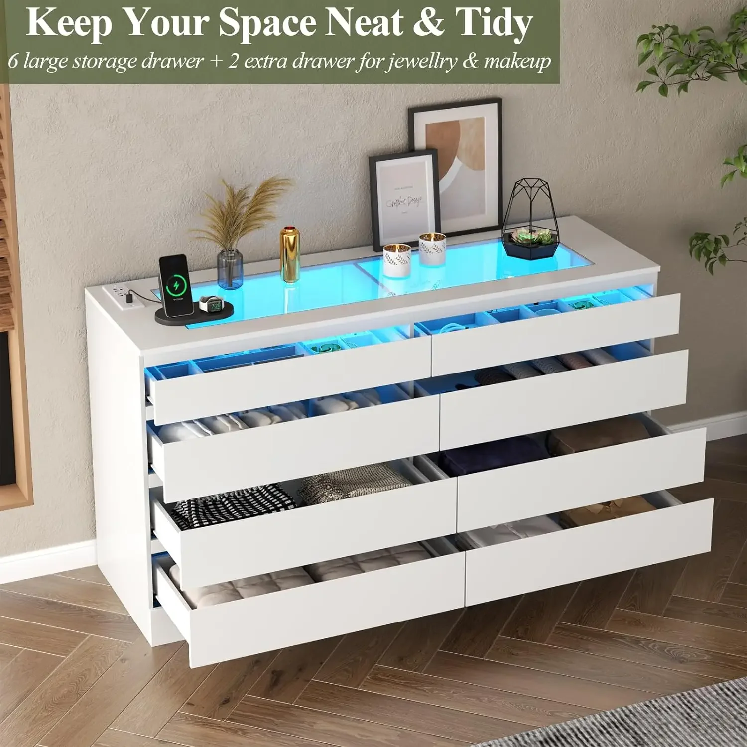 White Dresser for Bedroom Chest of Drawer with Glass Top Modern Double Wide Drawer Organizer Cabinet for Living Room (White) 5