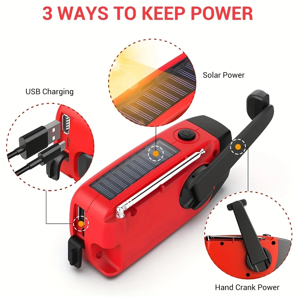 Emergency Hand Crank Radio with Solar/USB/Power Bank Compatible, AM/FM Portable, Survival for Camping, Emergencies, Outdoor