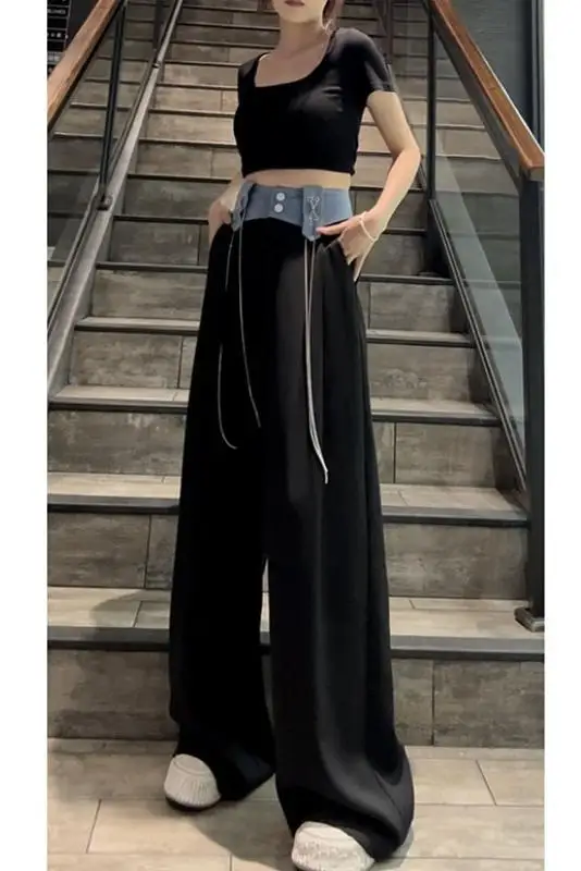 2023 Summer New Wide Legged Pants Women's Denim Spliced Lace up Chain High Waist Draping Floor Dragging Straight Leg Pants