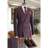 Stylish Double Breasted Plaid Men Suits Wine Peaked Lapel Plaid Men Suits For Business 2 Pieces Set Jacket Pant Wedding Tuxedos 1
