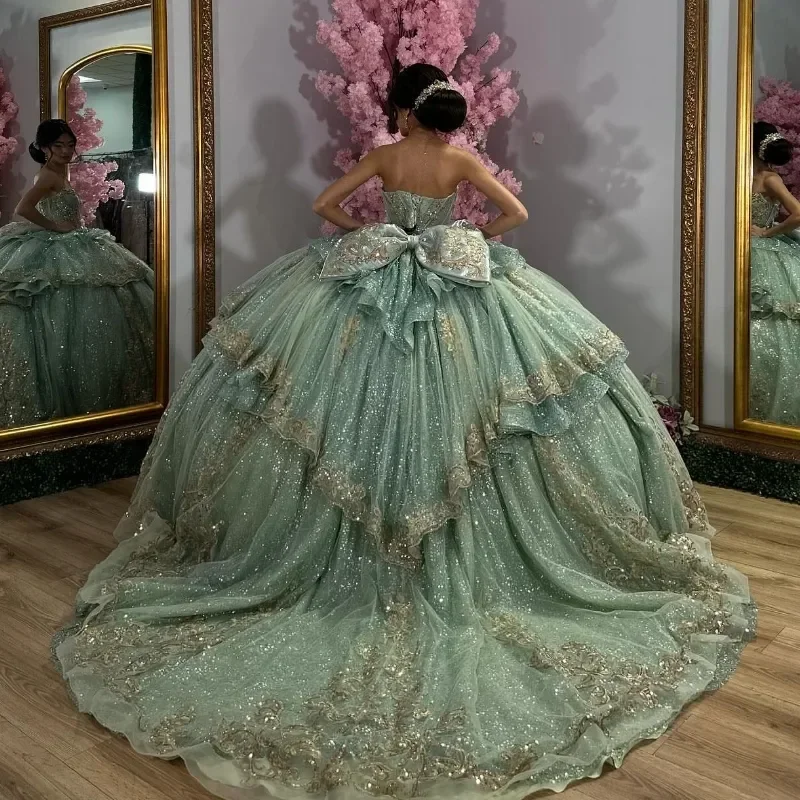 ANGELSBRIDEP Sage Green Quinceanera Dresses Crystals Beading Gold Applique Lace Bow Vestidos De 15 Anos Birthday Customized