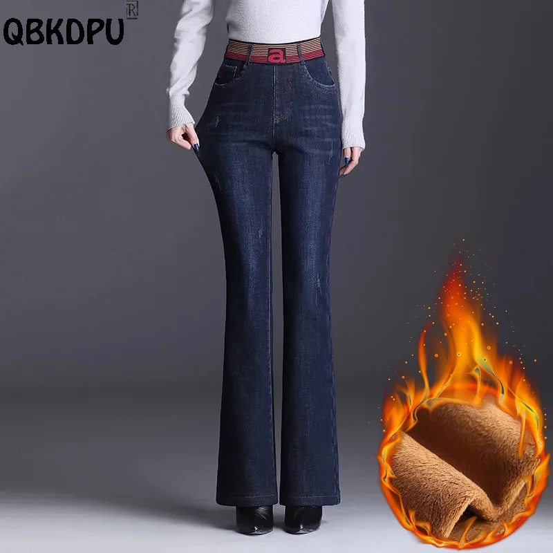 Plus Velvet Winter Flare Jeans Women Vintage High Waist Stretch Skinny Vaqueros Thicken Warm Denim Pant Elegant Plush Pantalones winter thicken plus