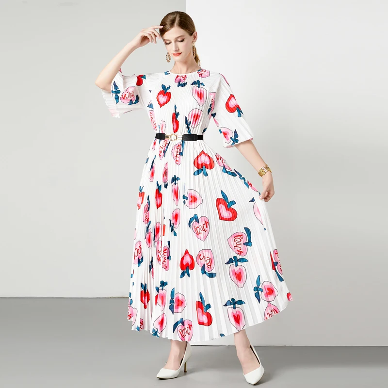 

2023 New Fashion Round Neck Printed Pleated Dress Women's Summer Versatile 3/4 Sleeve Loose Fit Casual Holiday Dress Vesidos