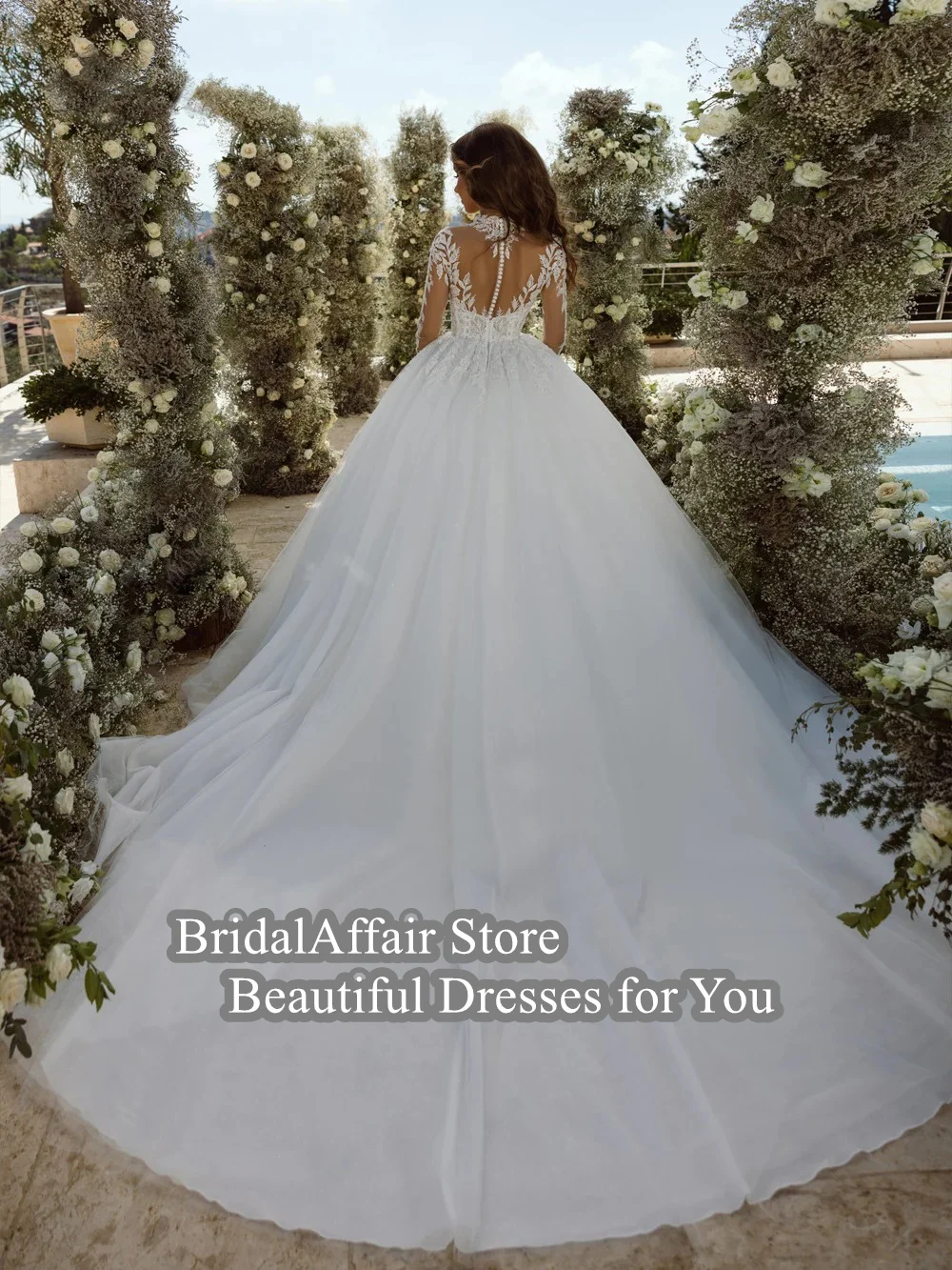 Elegant Silky Organza Ball Gown Wedding Dresses Beading Pearls Embroidery Applique High Collar Full Sleeves Bridal Skirts 3