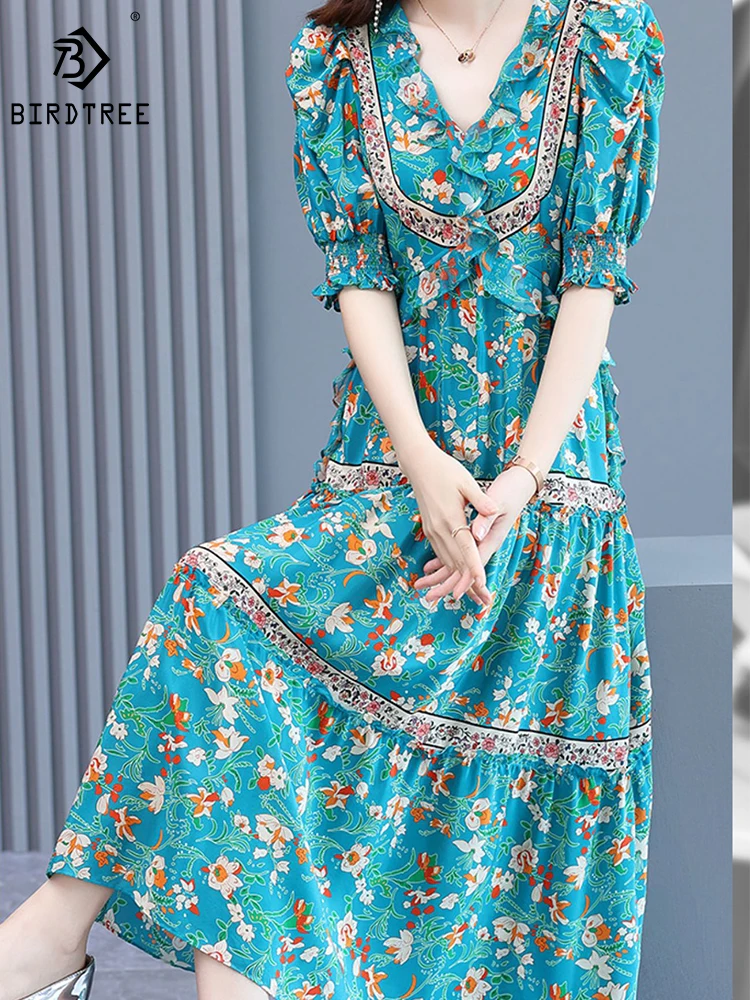 

BirdTree 100%Real Silk Elegant Dresses Women,V-Neck Half Sleeves Mid-rise,French Floral Fashion Midi Dress,Spring New D419107QD