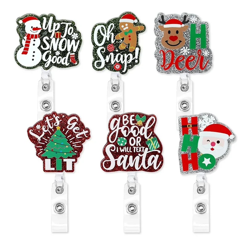 

Newest Design Glitter Acrylic Christmas Badge Reel Retractable ID Badge Holder Clip Name Holder Lanyard enfermera en apuros