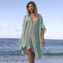 

Women's Tunics Crochet Top Beach Dress Knit Stripe V Neck Short Sleeve Cover Up Ropa Mujer
