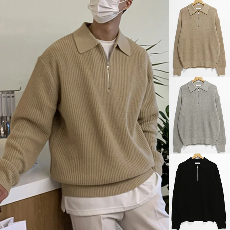 

Lapel Sweater Men Warm Fashion Casual Knit Pullover Men Korean Loose Zipper Long Sleeve Sweater Mens Jumper Clothes Plus Size
