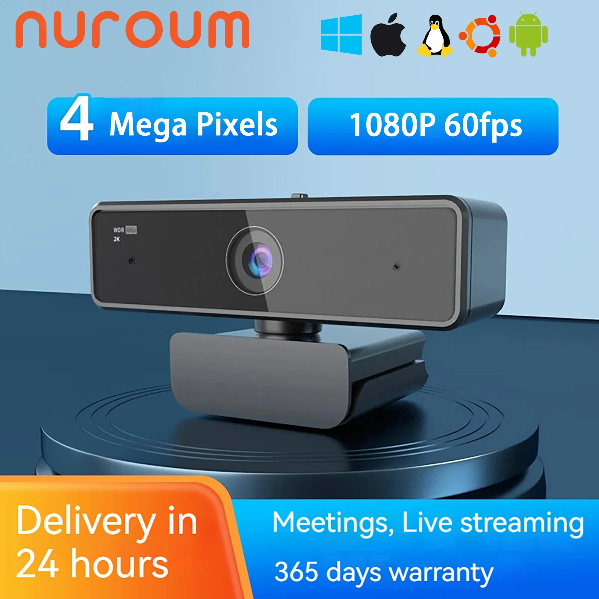 Nuroum V11 2K HD USB Webcam with Microphone – High Quality 1080p 60fps, Plug & Play
