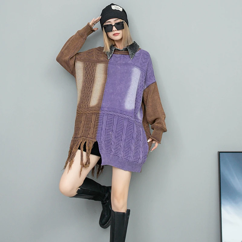 

Personalized Knitted Sweaters Women Irregular Raw Edge Patchwork Denim Lapel Jumper Color Contrast Harajuku Streetwear Pullouver