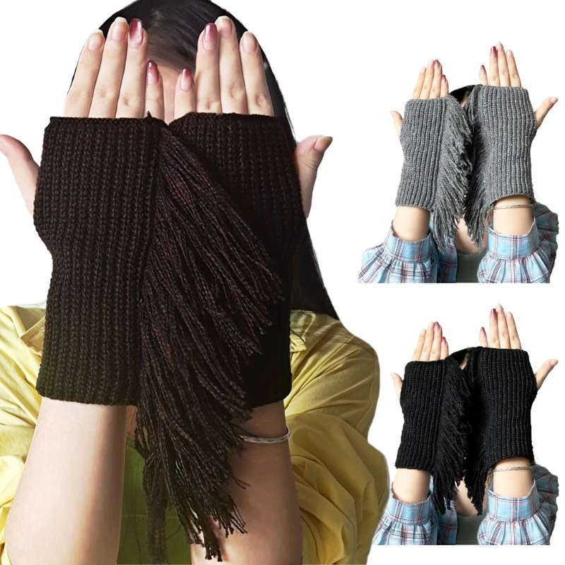 girls cycling outdoor all finger gloves fluffy mittens knitted gloves Winter Warm Gloves Stretchy Mittens Adult Knitted Tassels Decor Half Finger Gloves Knit Gloves for Cold Weather Cycling