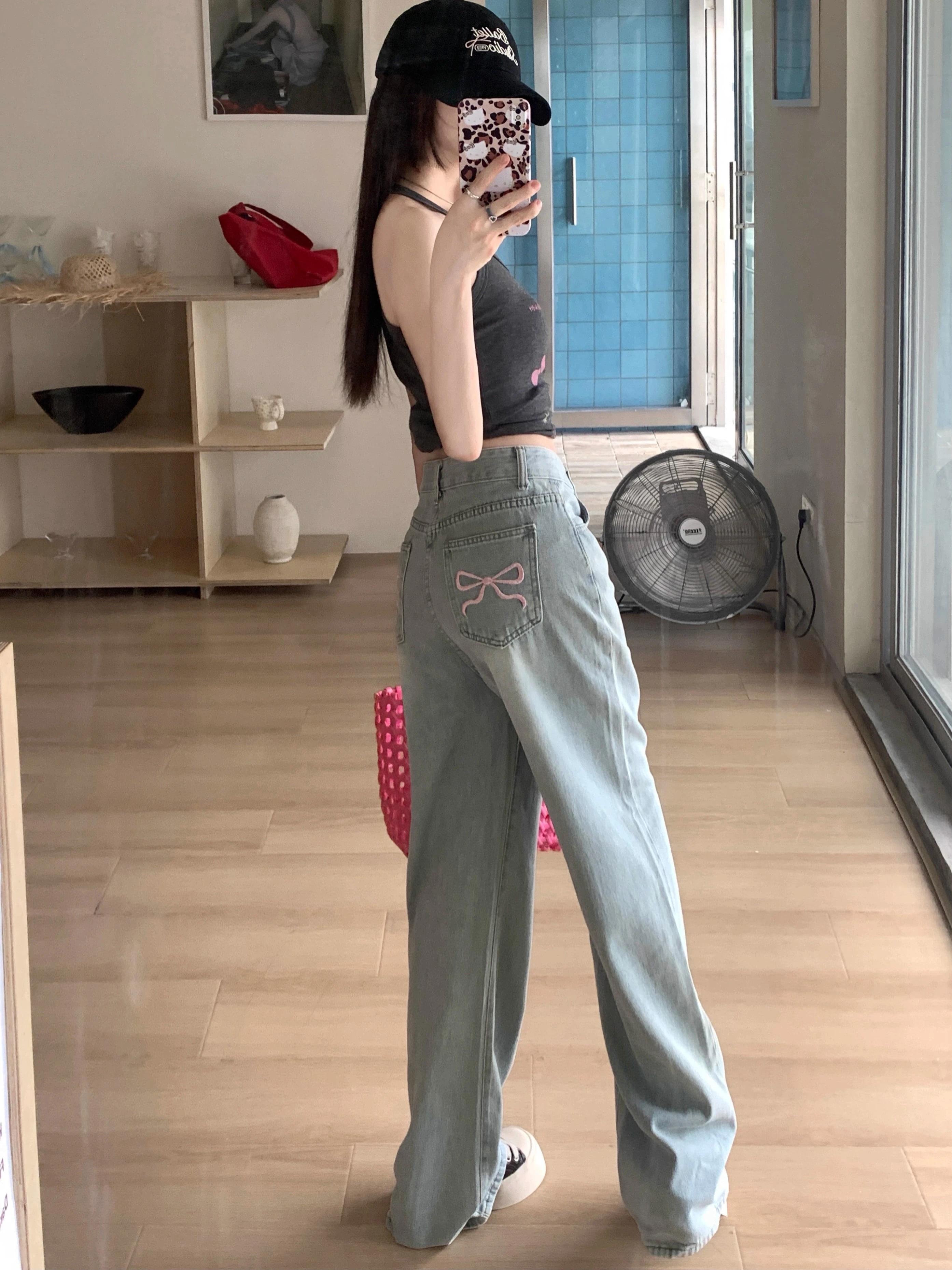 Baggy Jeans For Women | 2024 Bow Korean y2k Embroidered Retro High Waist Slim Denim Jeans
