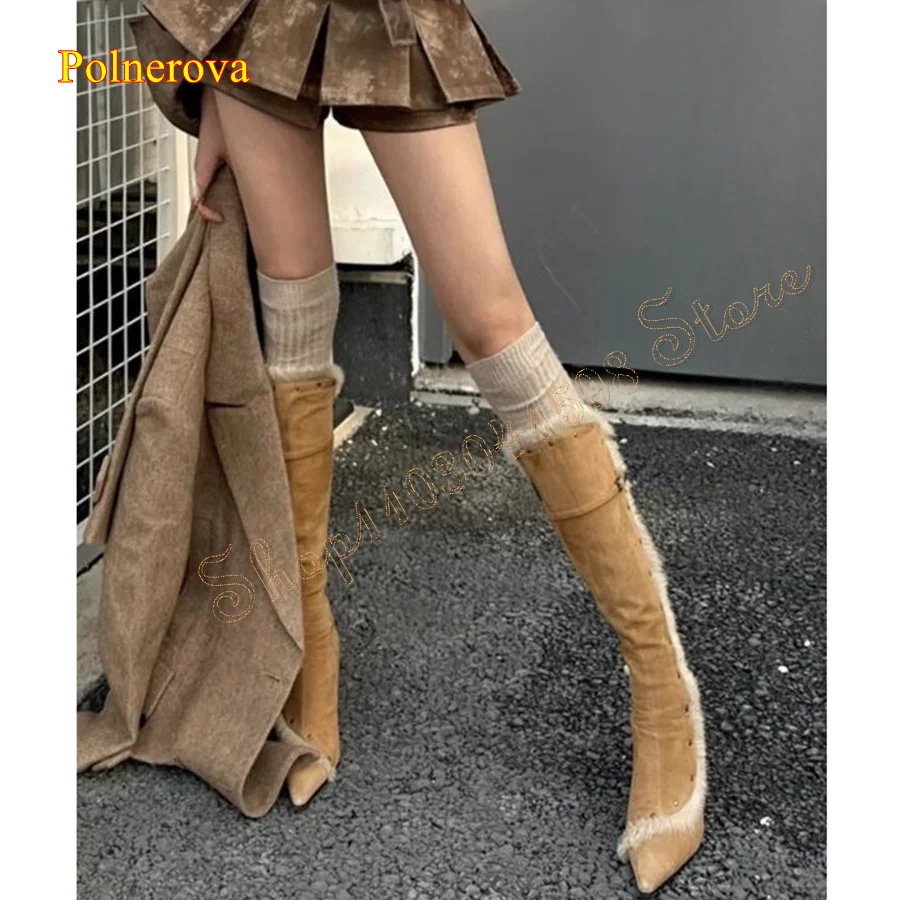 

Vintage Suede Studded Knee High Boots,Furry Zipper High Heel Boots Pointed Toe Stiletto Women Boots 2024 New Zapatos Para Mujere
