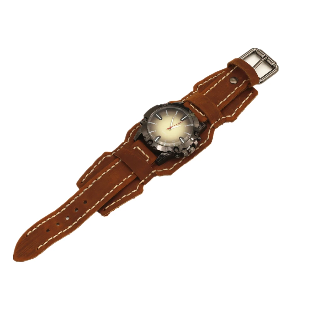 Vintage Handmade Brown, Green & Black Leather Watchband - Men's 24mm Stitched Punk Strap