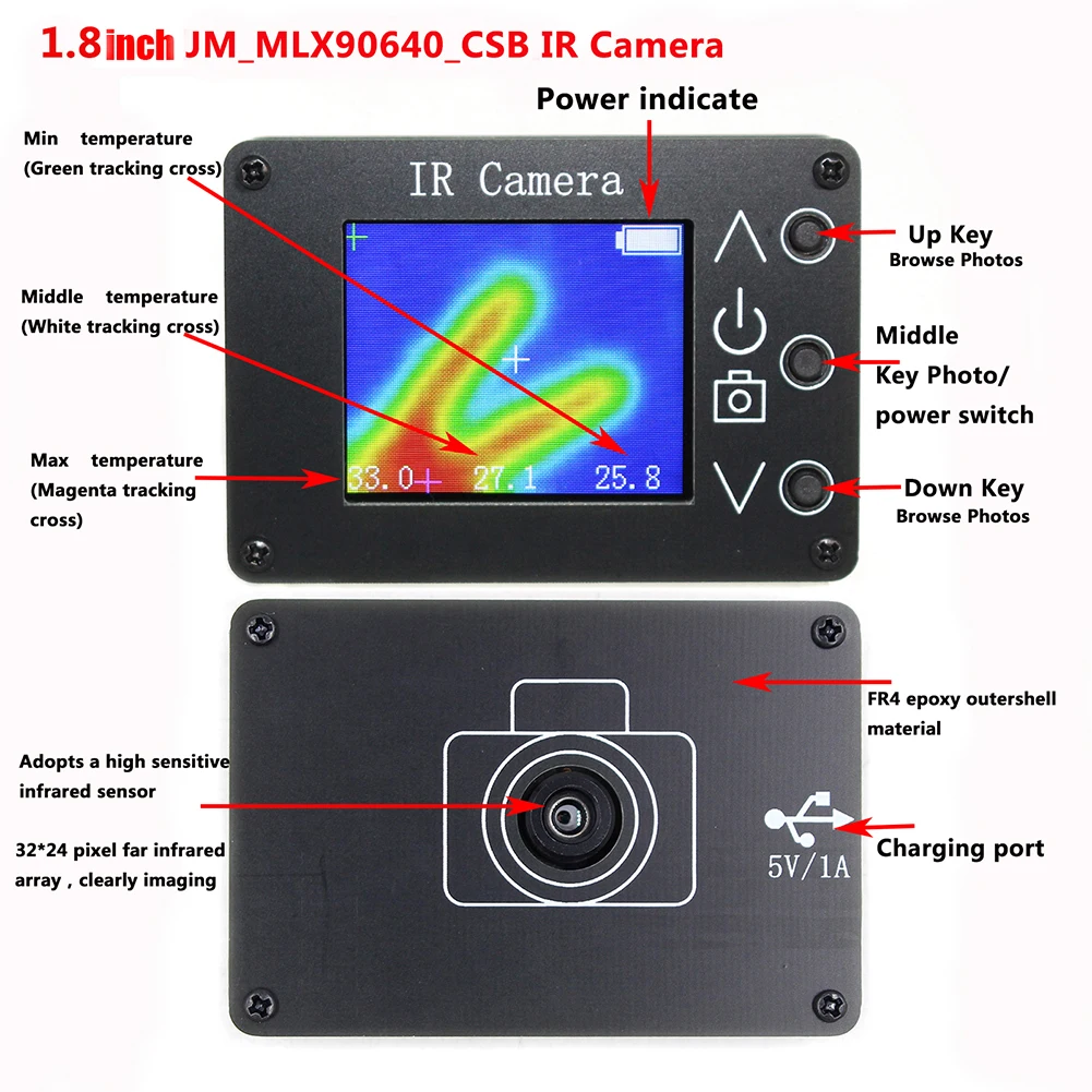 MLX90640 1.8/2.8/3.4inch Thermal Imager Infrared Sensor LCD 160*120 Resolution -40℃ to 300℃ Clear Definition Imaging Camera
