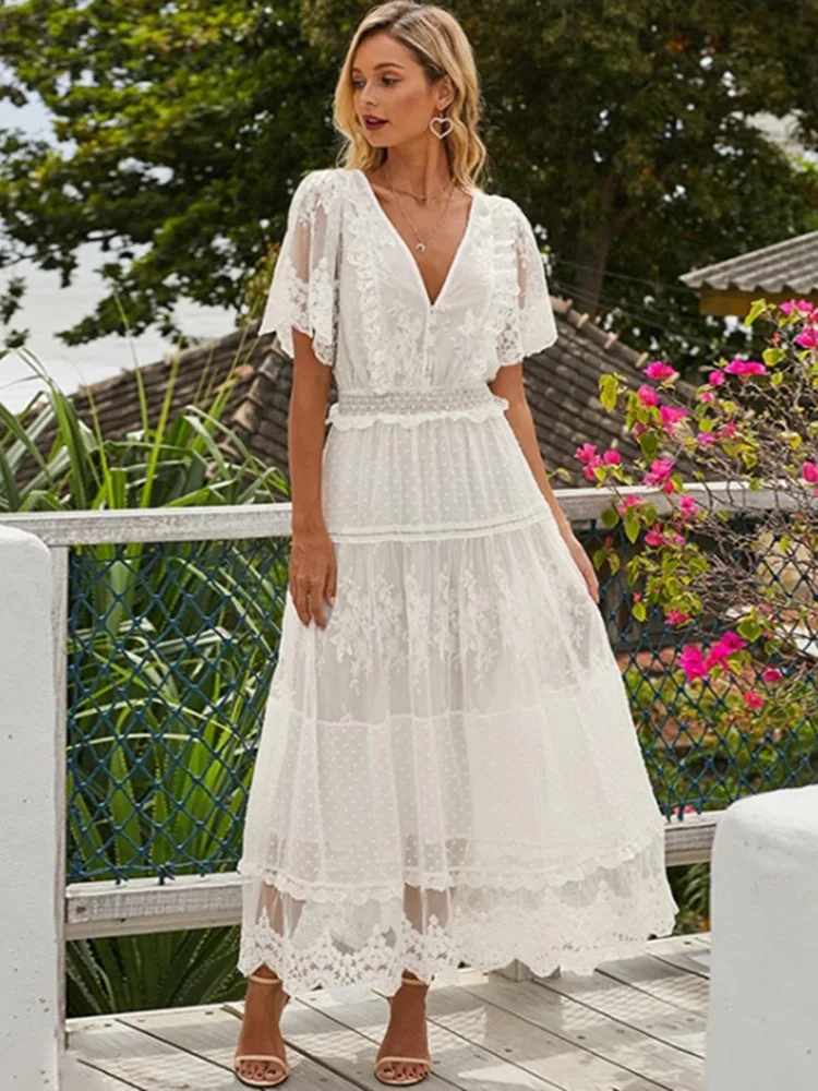 White Lace Dress Women Elegant Hollow Patchwork Dress Summer Casual Short  Sleeve Party Dress Female V-Neck SemiSheer Tunic Dress