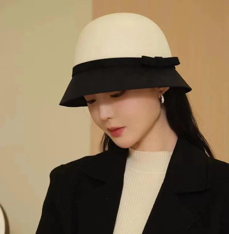 

202308-xl ins chic WINTER japan street elegant wool felt small brim bowknot lady bucket cap women leisure fishermen hat