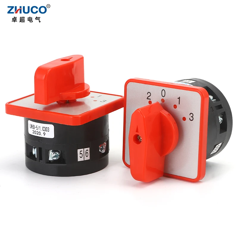 

ZHUCO LW6D-5/C303.1 5A 4 Position 2-0-1-3 Red Panel 6 Terminal Screws Electrical Transfer Rotary Universal Changeover Cam Switch